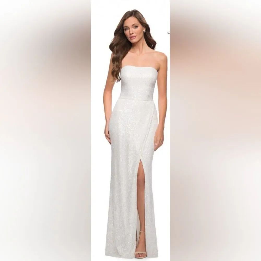 LA FEMME 29681 Open back Strapless sequin gown w/faux wrap skirt NWOT sz 0 White